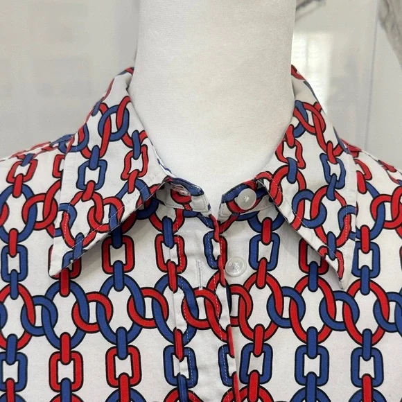Jones New York Red Blue Geometric Chain Link Button Down Shirt Size S - Picture 4 of 8